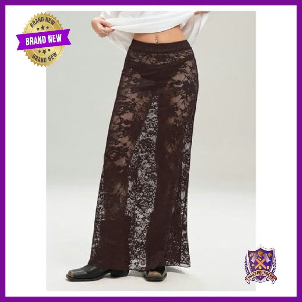 Sheer Mesh Lace Maxi Skirt Y2K See Through Flowy Long Skirt - Picture 3 of 6